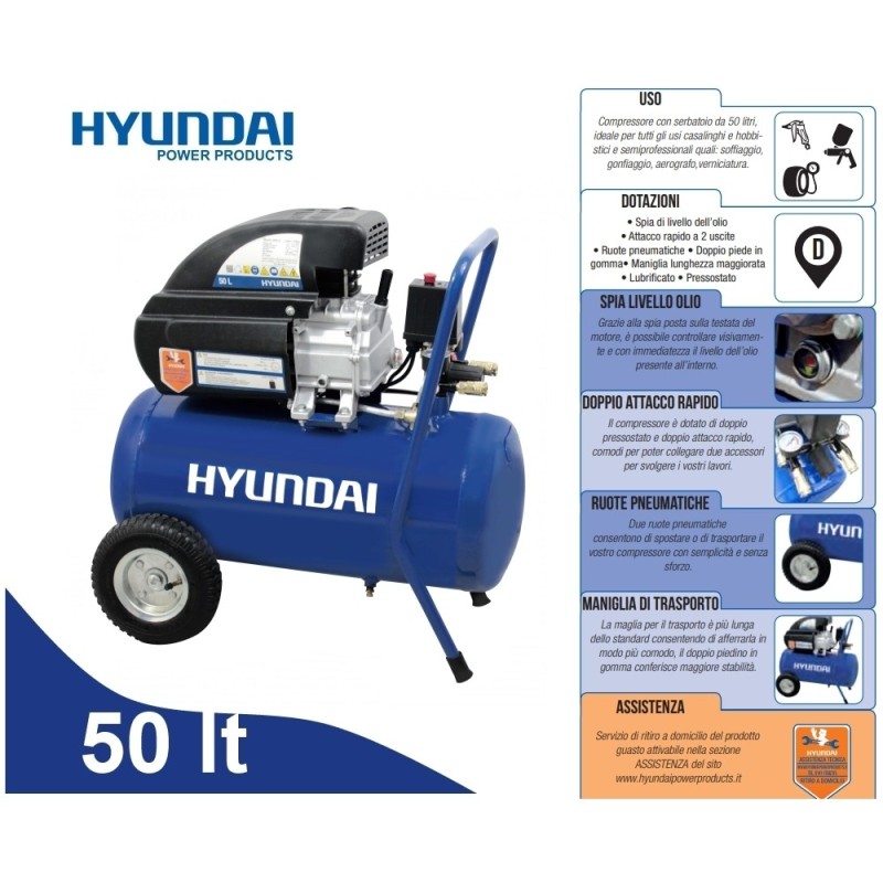 Compressore 50lt. ad olio con ruote pneumatiche Hyundai - BAMA