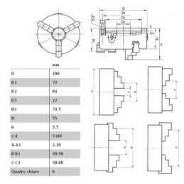 Mandrino autocentrante per tornio 3+3 griffe Ø 100mm