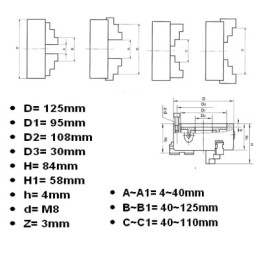 Mandrino autocentrante per tornio 4+4 griffe Ø 125mm