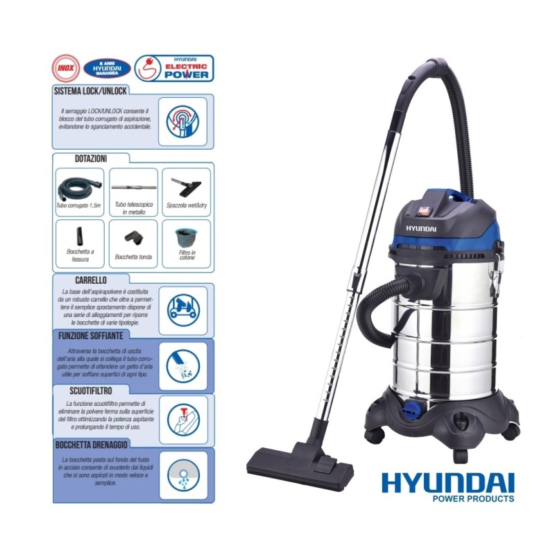 Aspiratore/Aspirapolvere/Aspiratutto solidi e liquidi 1200W 30lt. Hyun